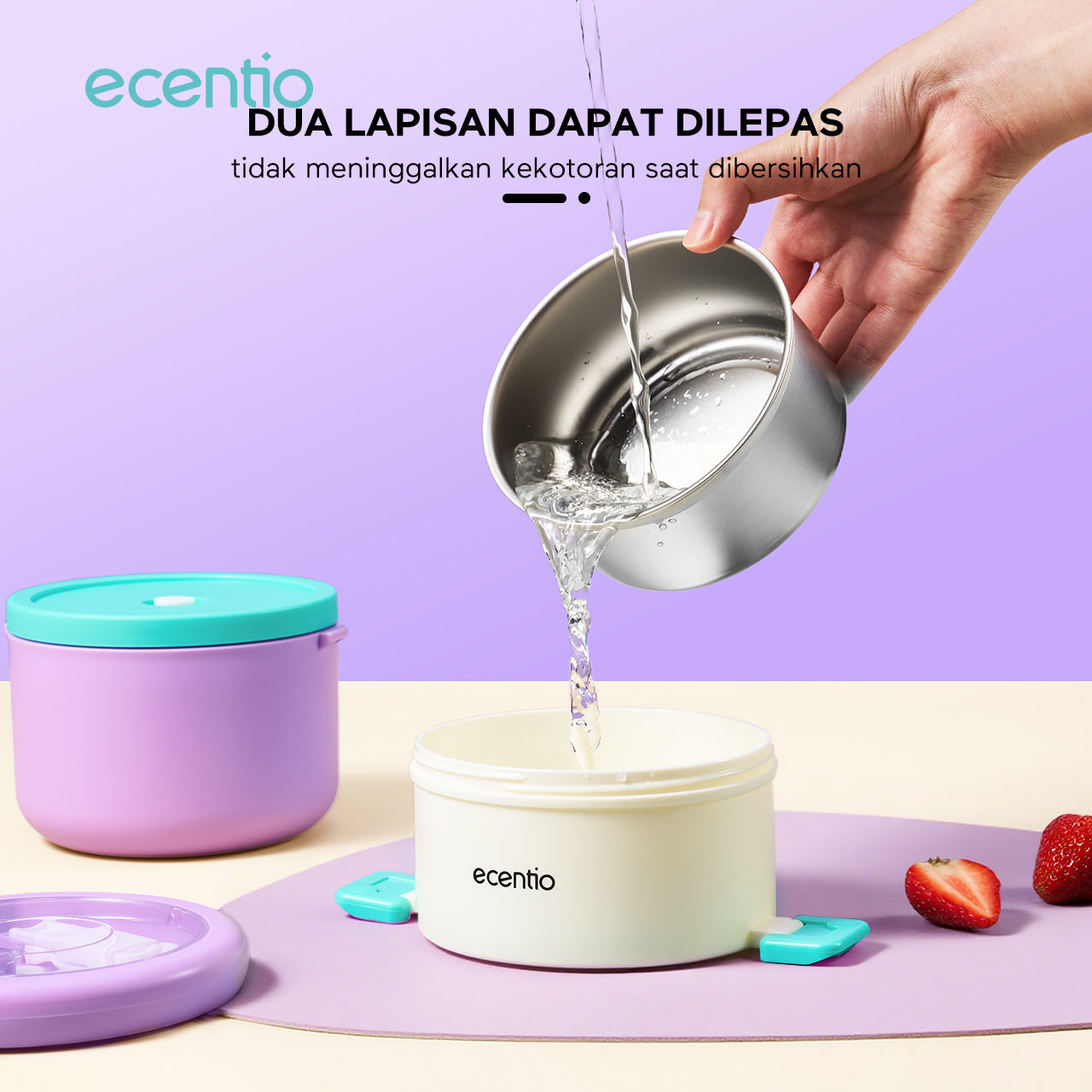 ecentio Kotak bekal stainless steel Double layer 730+550ml lunch box Tahan bocor Anti campur rasa Wadah makan Bento Besar Untuk kerja sekolah Dilengkapi kotak saus & sendok
