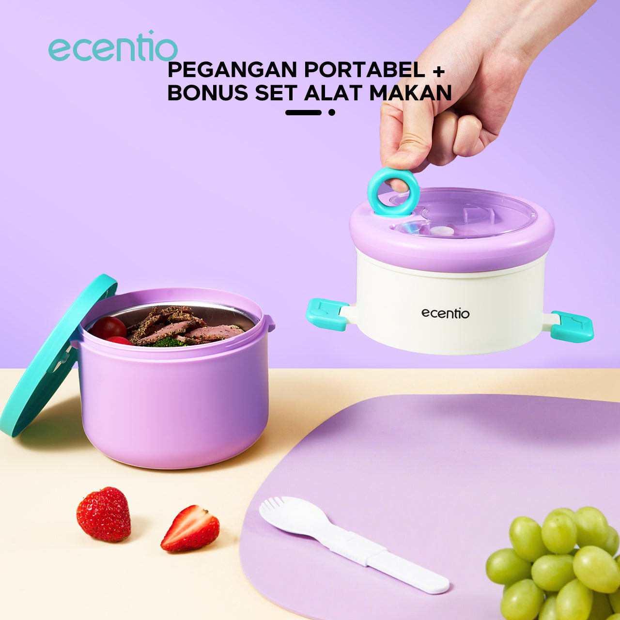 ecentio Kotak bekal stainless steel Double layer 730+550ml lunch box Tahan bocor Anti campur rasa Wadah makan Bento Besar Untuk kerja sekolah Dilengkapi kotak saus & sendok