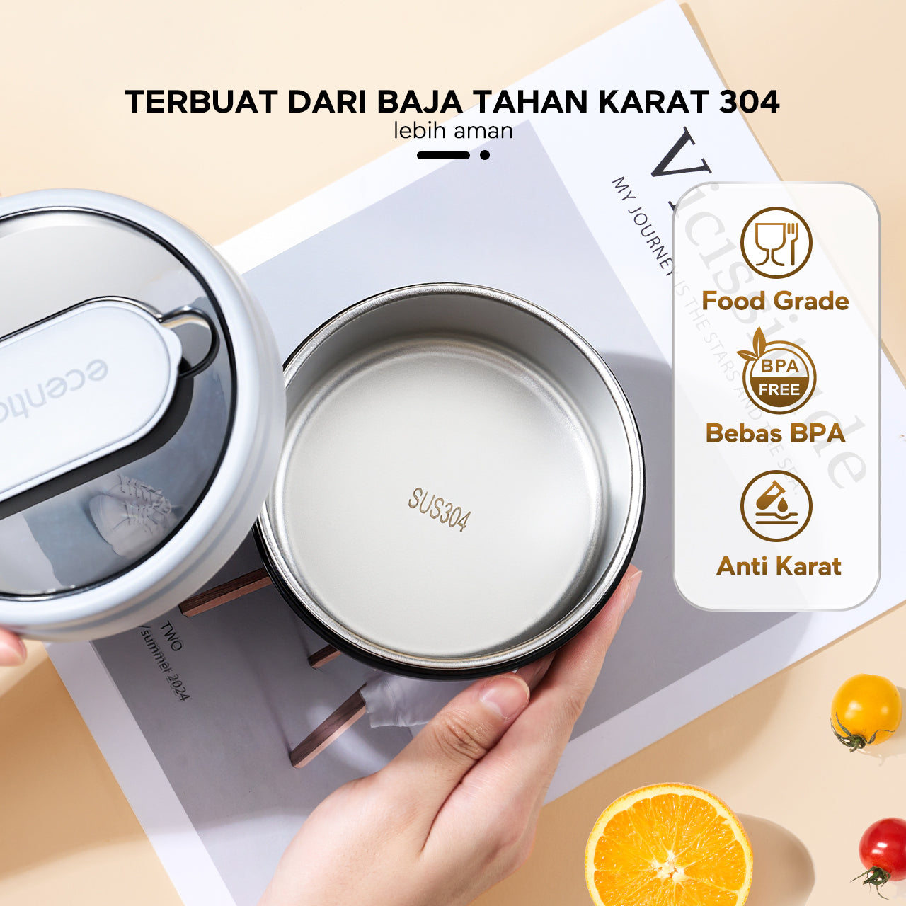 【Buy 1 Get 4】ecentio Daily Bekal Set — Lunch Box 4 Sekat + Botol Minum Set + Tas Bekal + Soup pot 304 stainless steel