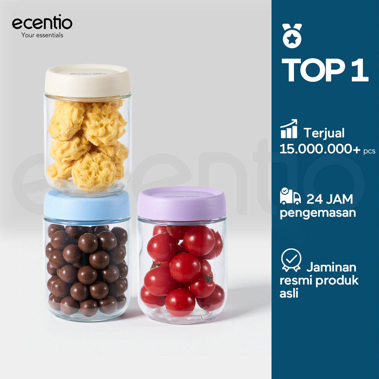 ecentio toples kaca 480ml single food container & food jar kedap udara toples penyimpanan makanan untuk kue kering snack dan bumbu dapur