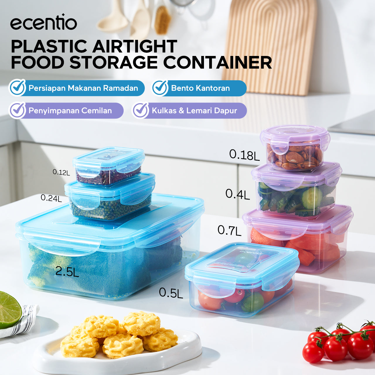 ecentio food container 7pcs anti tumpah kotak makanSet Wadah Plastik Anti Gumpal untuk Pengguna Dapur Rumahan & Catering, Tertutup rapat dan tahan lembap Wadah Makanan Plastik