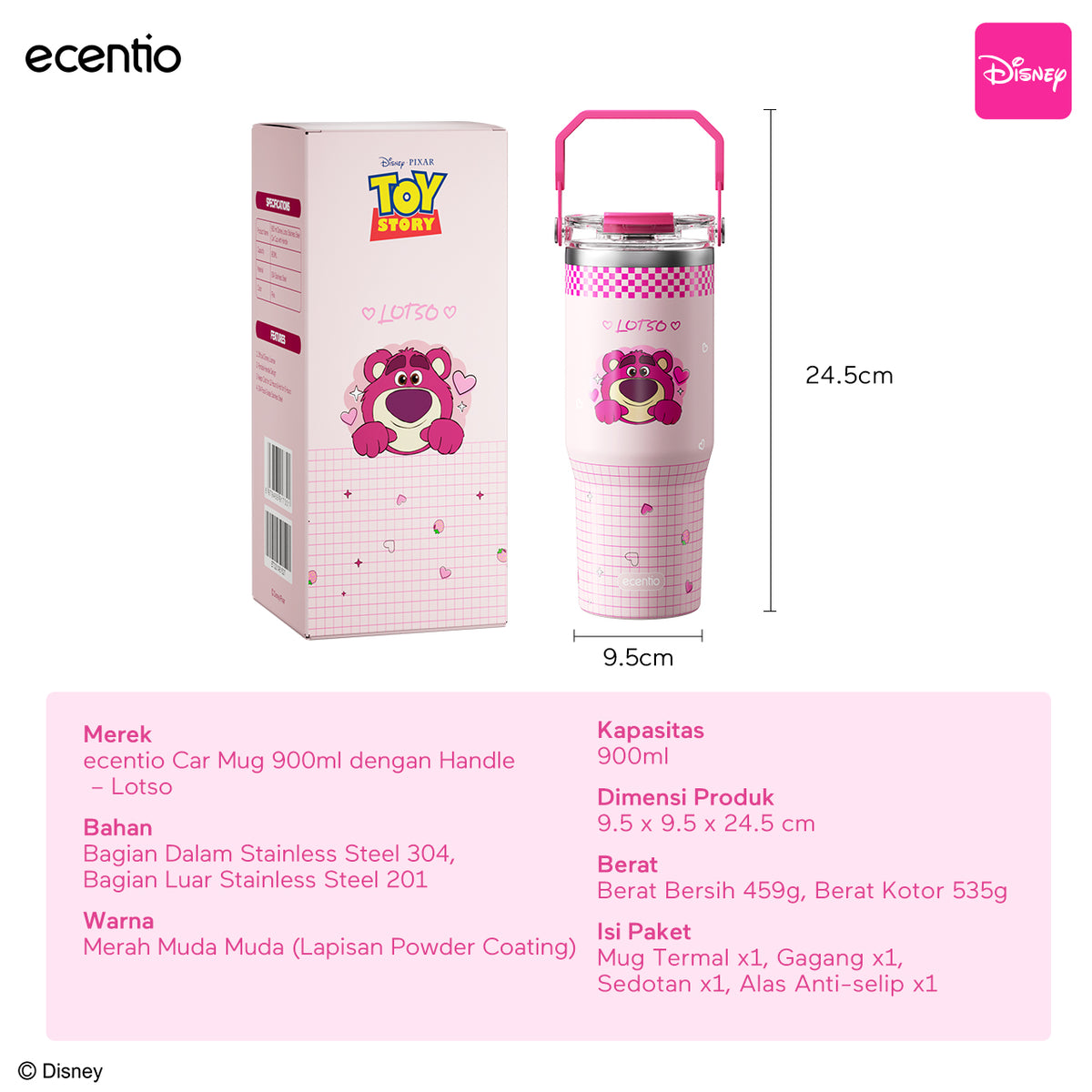 ecentio Tumbler Stainless Steel 900ML Toy Story Lotso Vacuum Thermos Botol Minum Besar Tahan Panas Dingin 24 Jam Dengan Sedotan Portable Aesthetic Disney Botol Air Kopi Anti Bocor