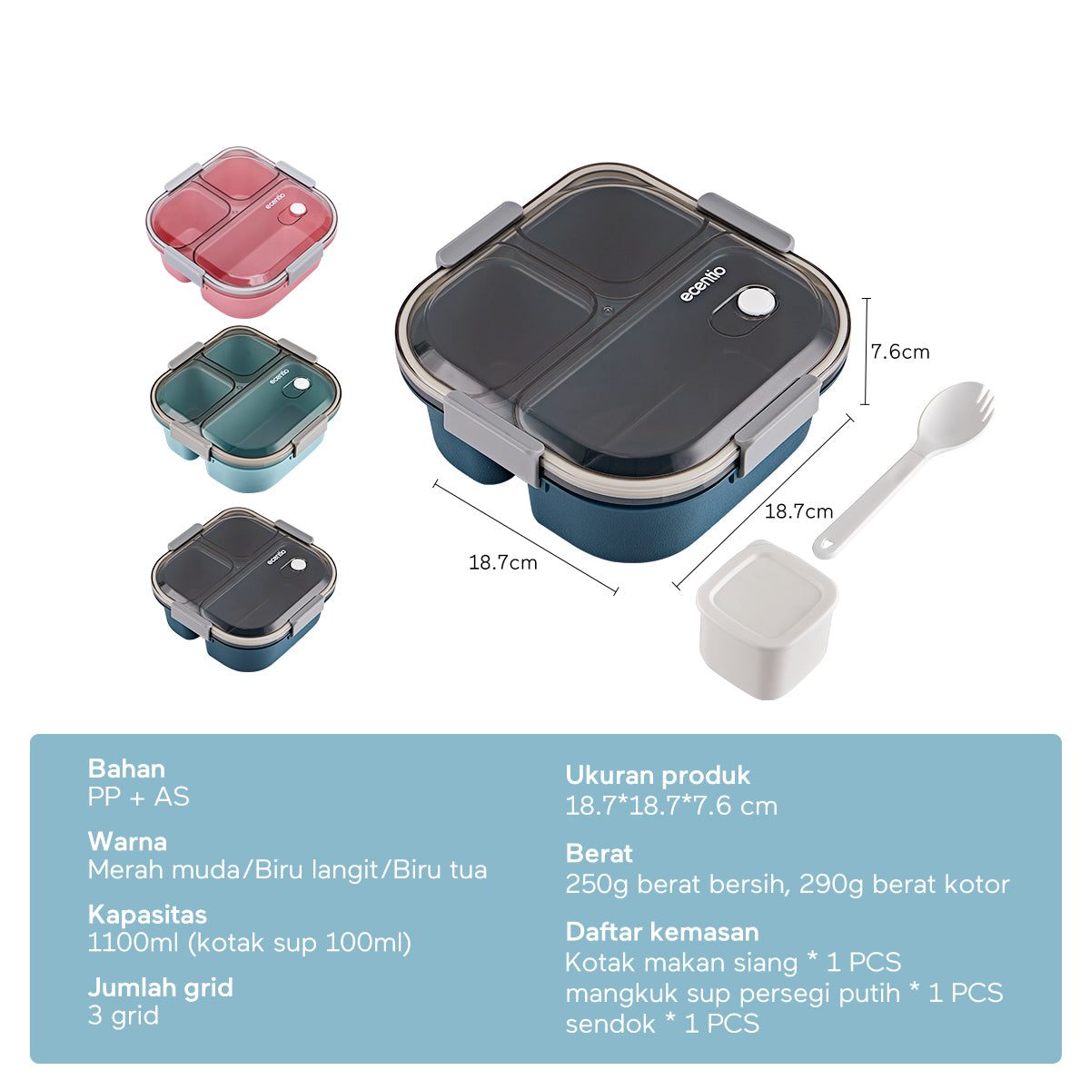 【DISKON 10RB】ecentio 3grid lunch box bottle 780ml lunch bag set - ecentio