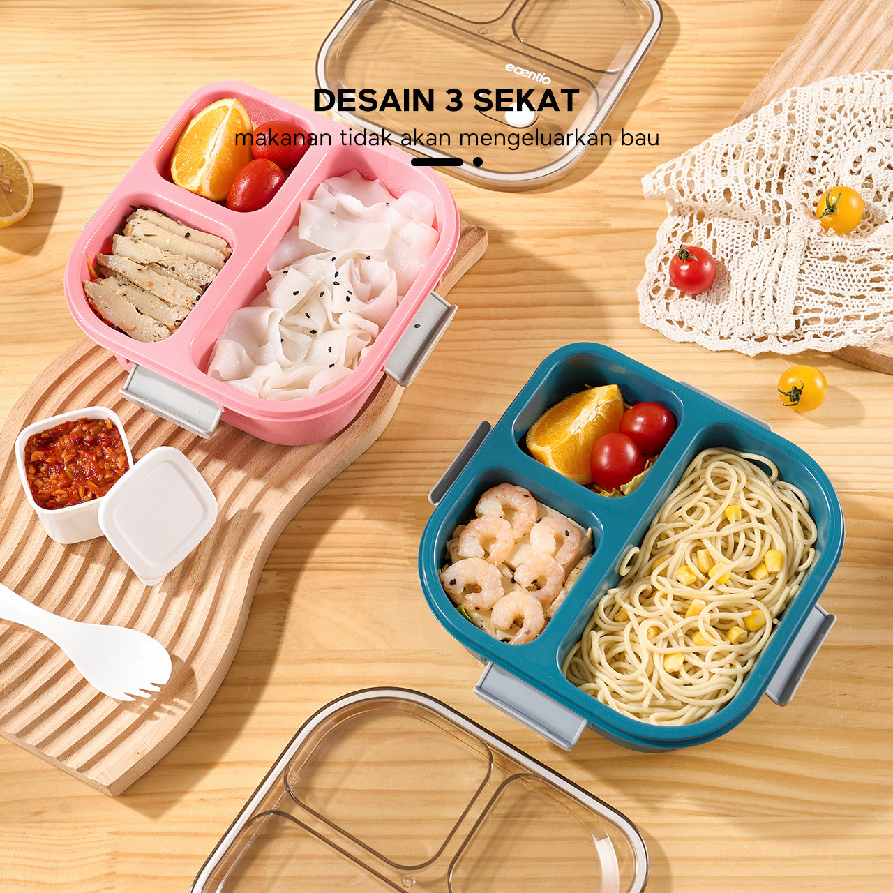 ecentio Anti Tumpah 1100ml Tempat Bekal 3 grid Kotak makan wadah bekal kotak sup 100ml BPA FREE-CF