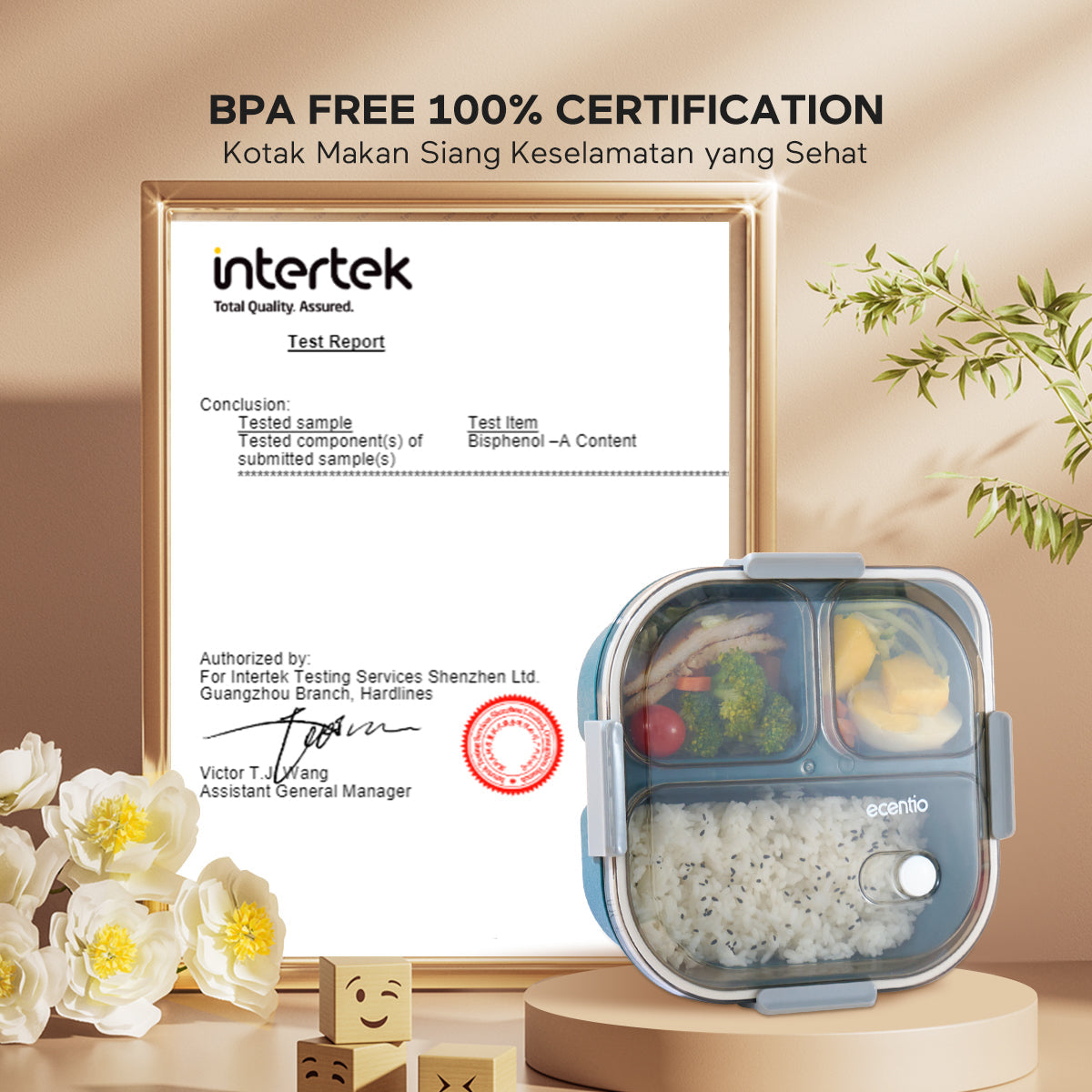 ecentio 1100ml Kotak Bekal Makan BPA Free+Botol Minum Gelas+lunch bag - ecentio