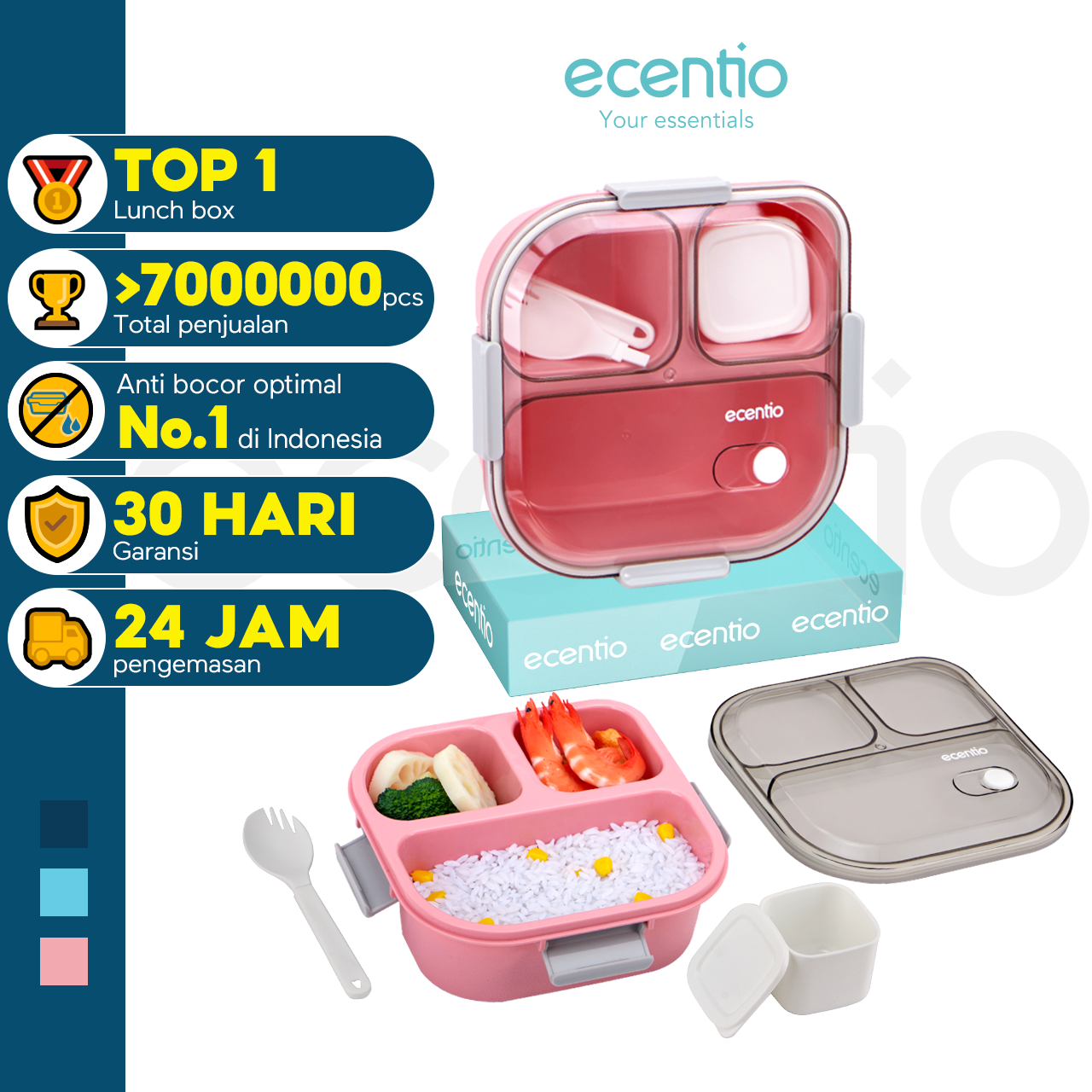ecentio Anti Tumpah 1100ml Tempat Bekal 3 grid Kotak makan wadah bekal kotak sup 100ml BPA FREE-CF