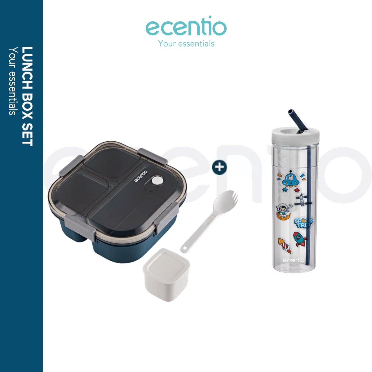 ecentio 3grid 1100ml Kotak makan+Botol minum 2pcs set - ecentio