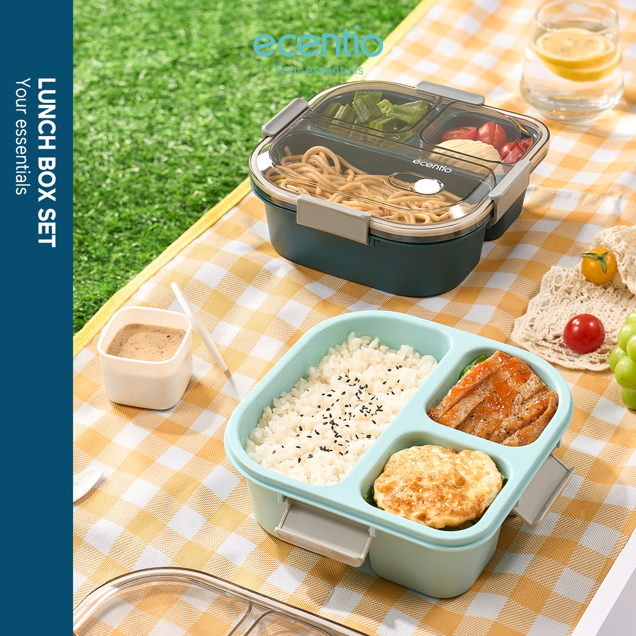 ecentio 3 grid anti tumpah tempat bekal 1100ml Kotak makan wadah bekal kotak sup 100ml BPA FREE-HW