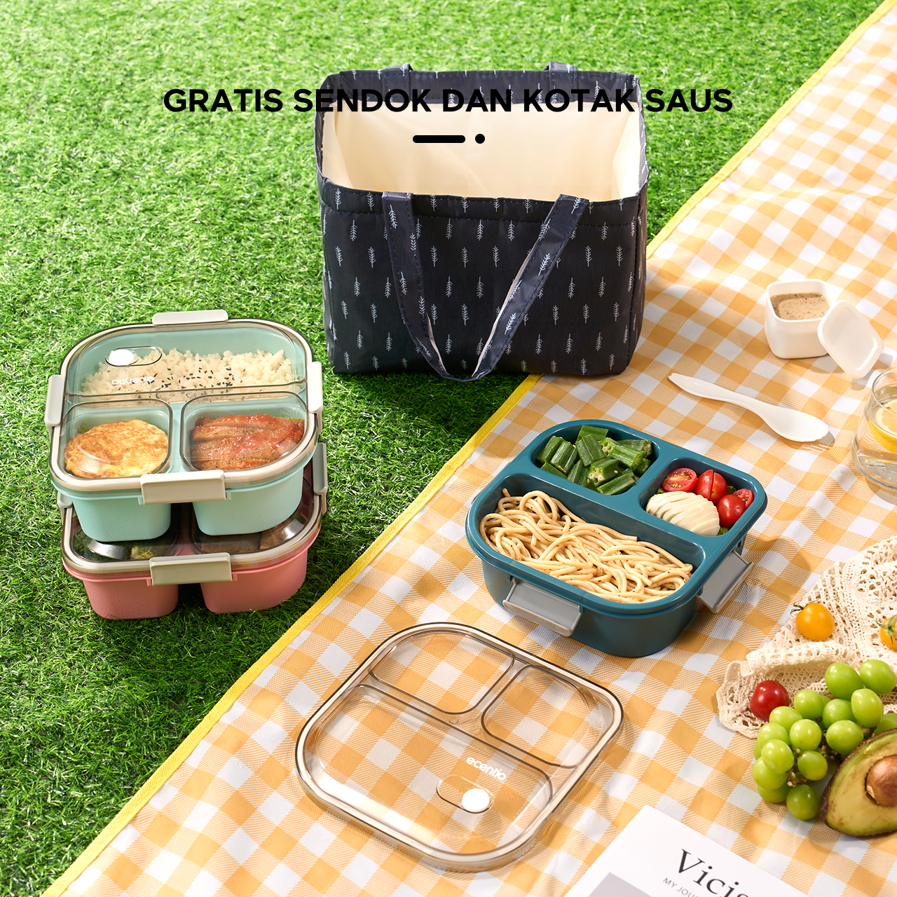 ecentio 3 grid anti tumpah tempat bekal 1100ml Kotak makan wadah bekal kotak sup 100ml BPA FREE-HW