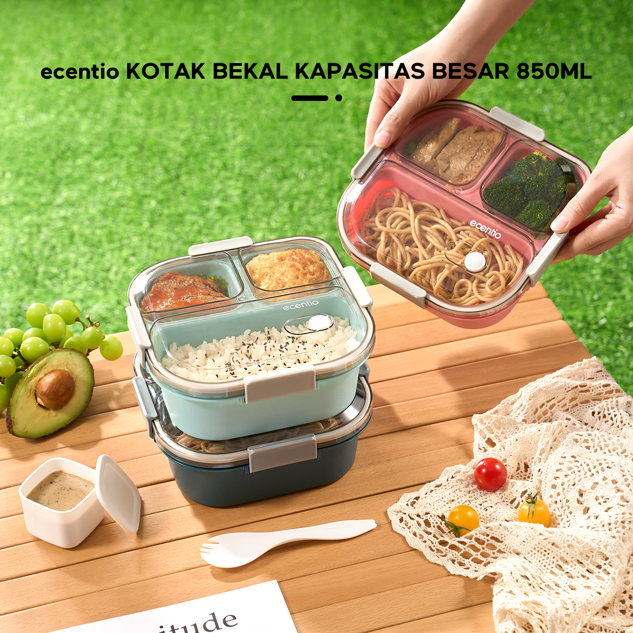 ecentio 3 grid anti tumpah tempat bekal 1100ml Kotak makan wadah bekal kotak sup 100ml BPA FREE-HW