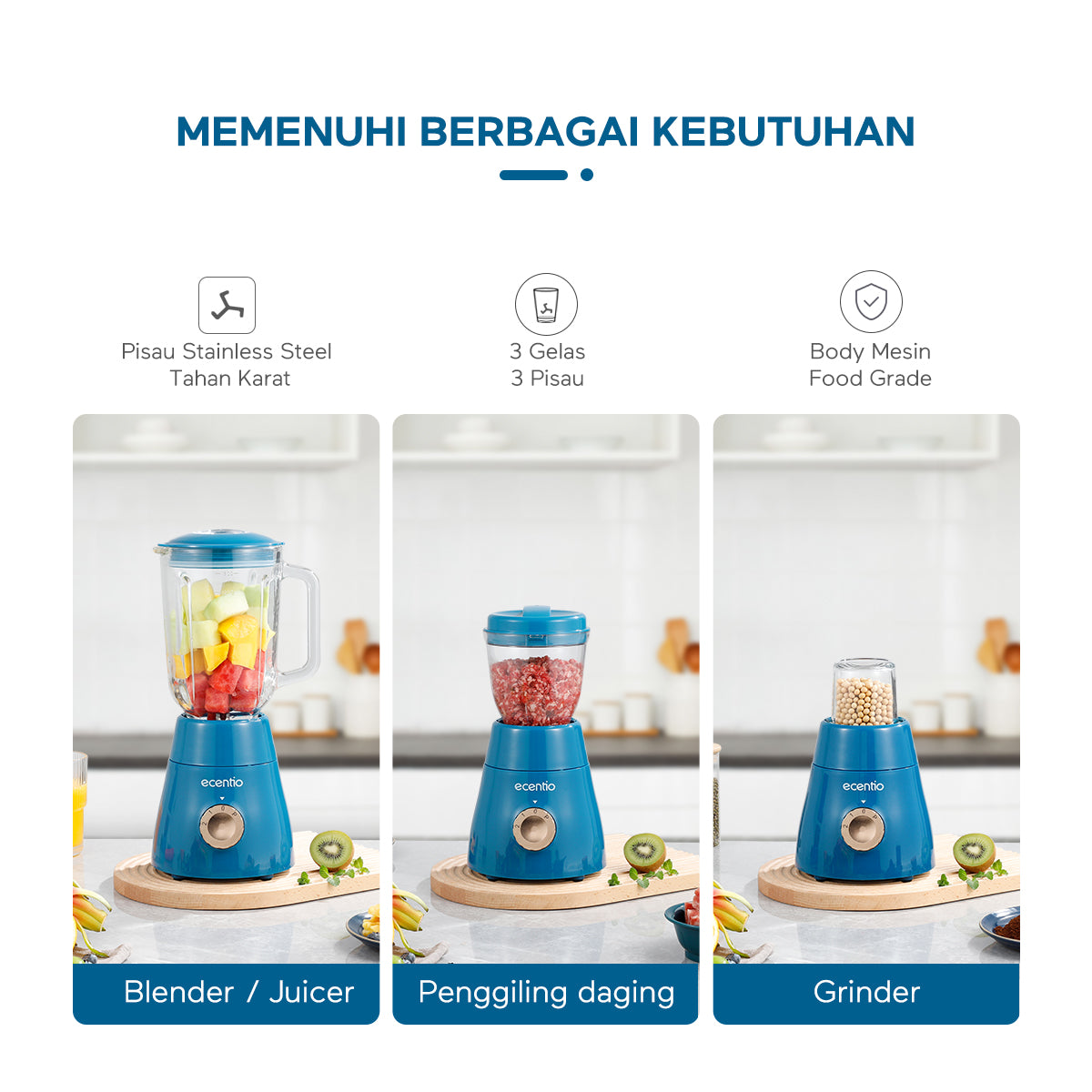 【Gratis hadiah】ecentio 3 in 1 Blender Set 3pcs 1500ml+700ml+250ml