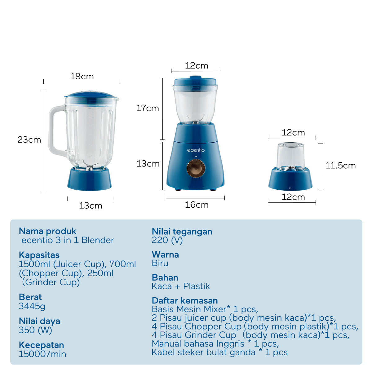 【Gratis hadiah】ecentio 3 in 1 Blender Set 3pcs 1500ml+700ml+250ml