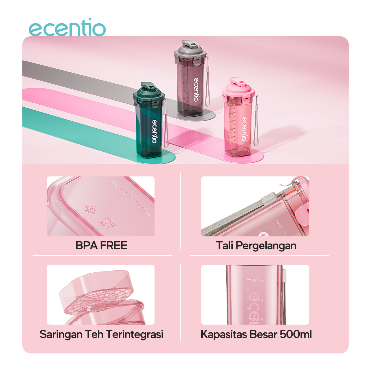 ecentio botol air minum Portable 500ml Olahraga bottle tail benning Anti Bocor BPA free dengan saringan teh