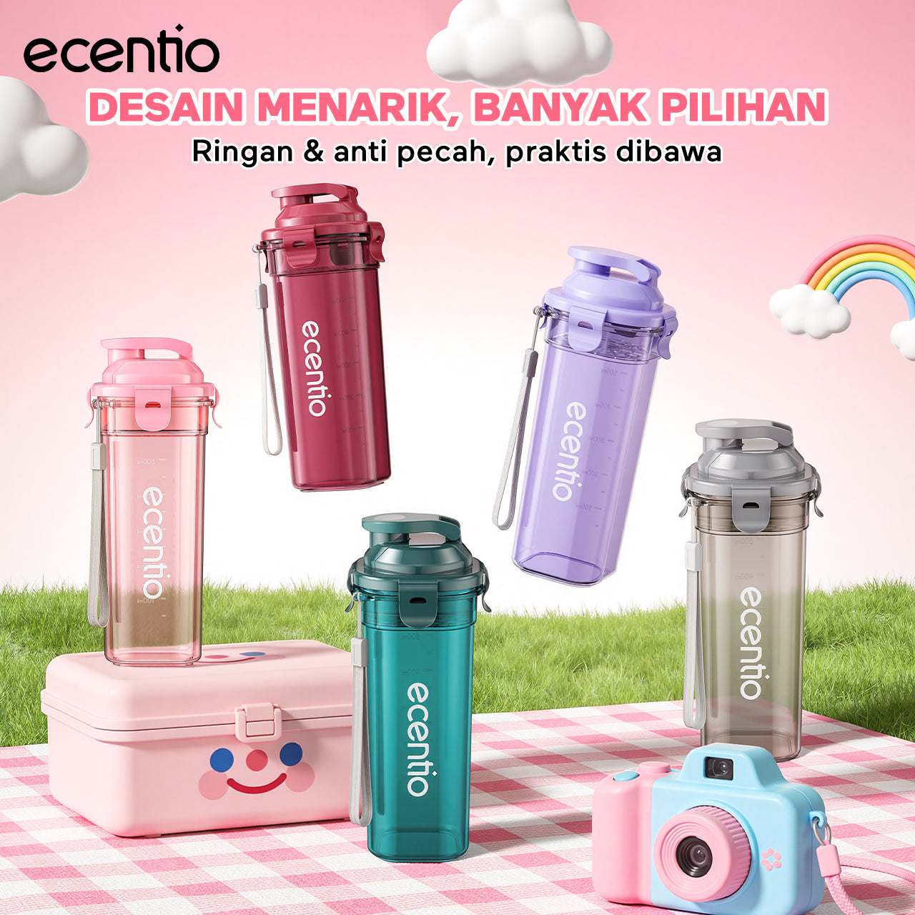 【Buy 1 get 3】ecentio Lunch Box Stainless 3 Sekat 800ml 2.0 Anti Tumpah +Tas Makan Besar+Botol