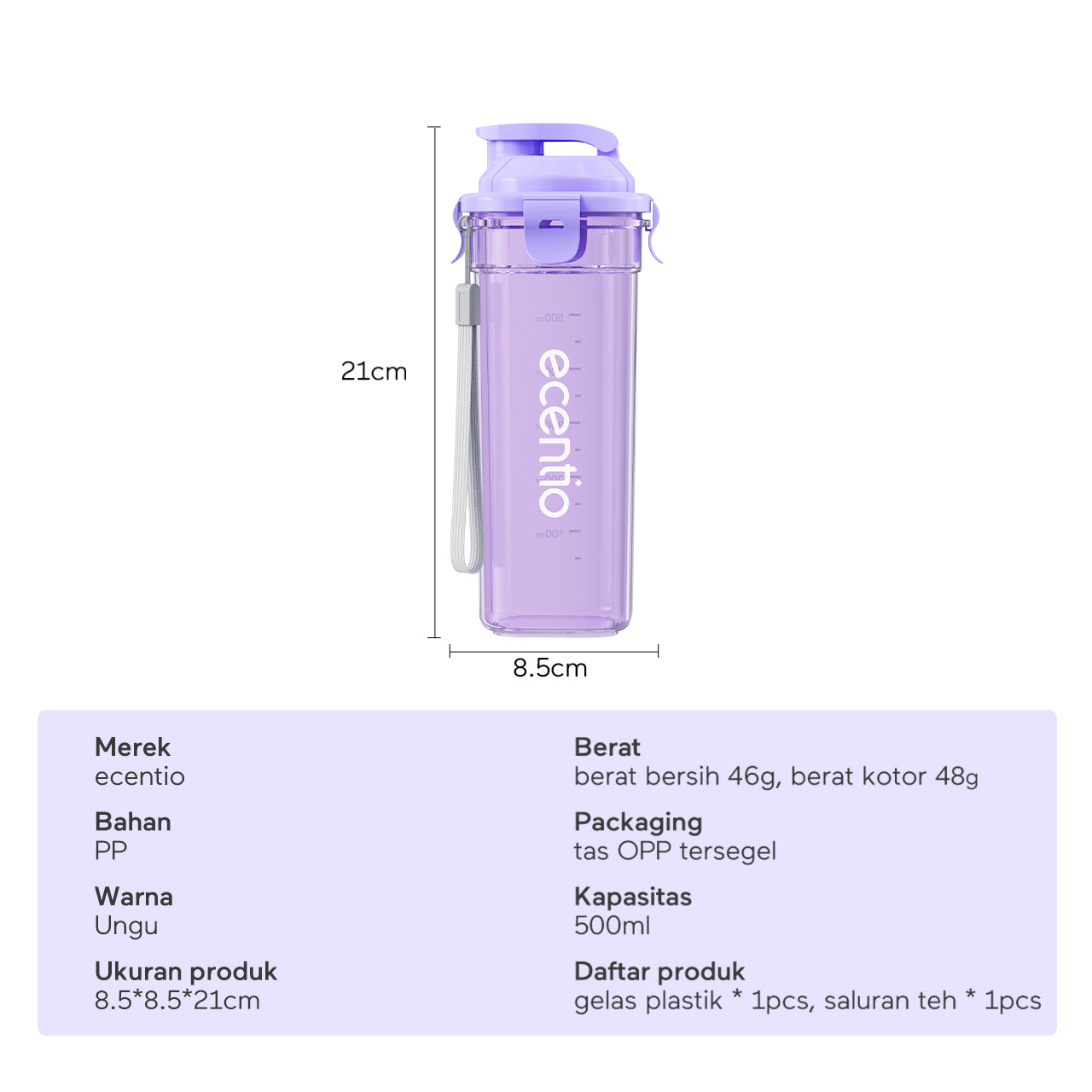 ecentio Botol Minum Portable 500ml Aesthetic Olahraga Anti Bocor BPA Free Dengan Saringan Teh Cocok Untuk Anak Laki-Laki