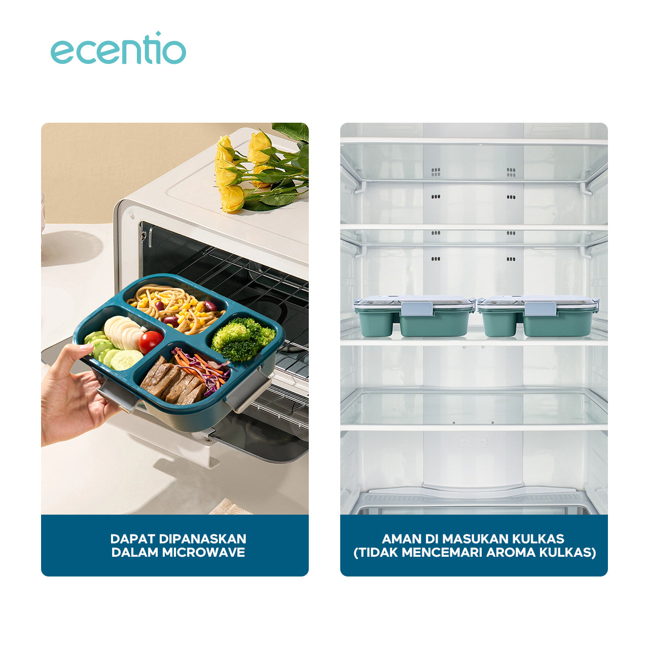 【BPA FREE】ecentio 1100ml 4 Grid kotak makan kotak bekal anti tumpah lunch box anti tumpah free sendok