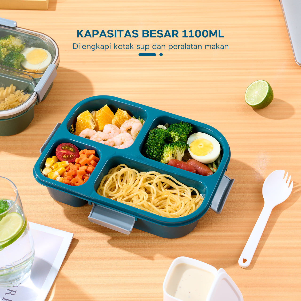【BPA FREE】ecentio 1100ml 4 Grid kotak makan kotak bekal anti tumpah lunch box anti tumpah free sendok