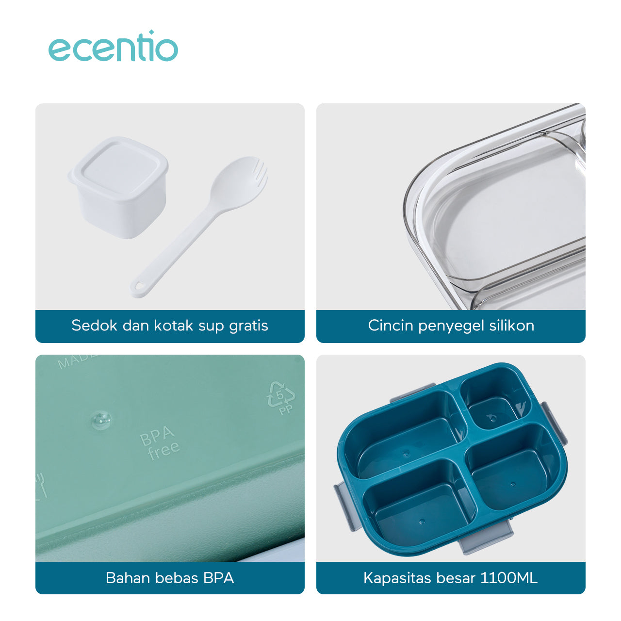 【BPA FREE】ecentio 1100ml 4 Grid kotak makan kotak bekal anti tumpah lunch box anti tumpah free sendok