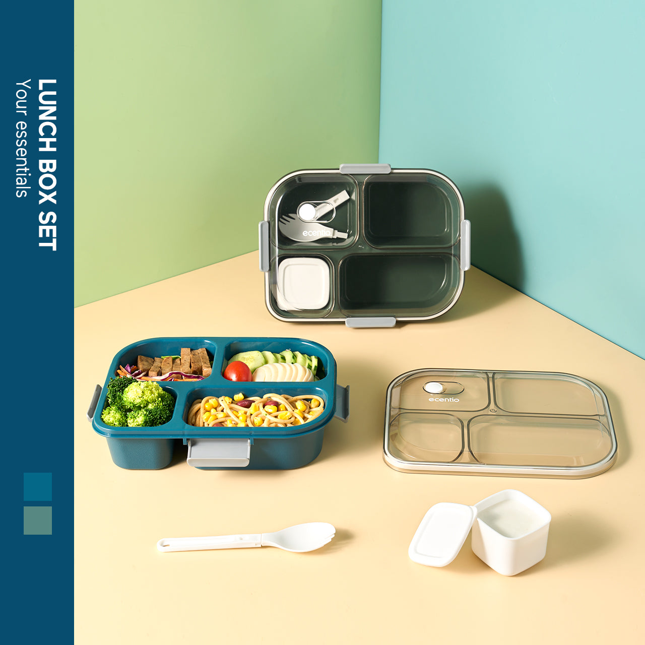 【BPA FREE】ecentio 1100ml 4 Grid kotak makan kotak bekal anti tumpah lunch box anti tumpah free sendok
