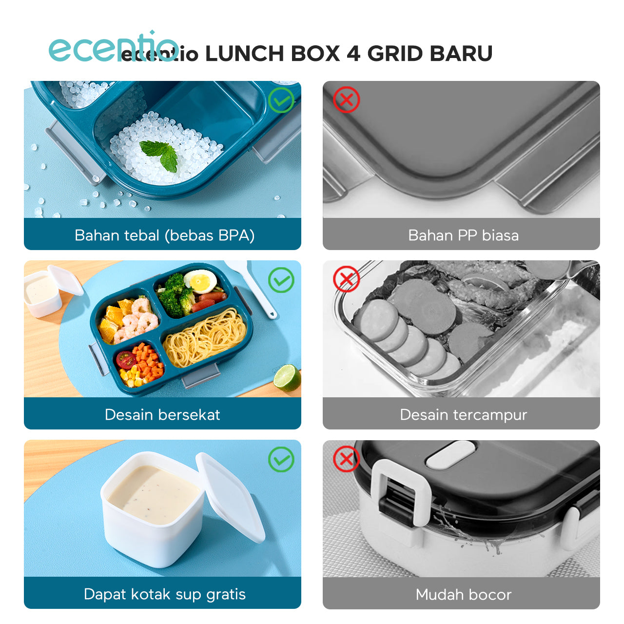 【BPA FREE】ecentio 1100ml 4 Grid kotak makan kotak bekal anti tumpah lunch box anti tumpah free sendok