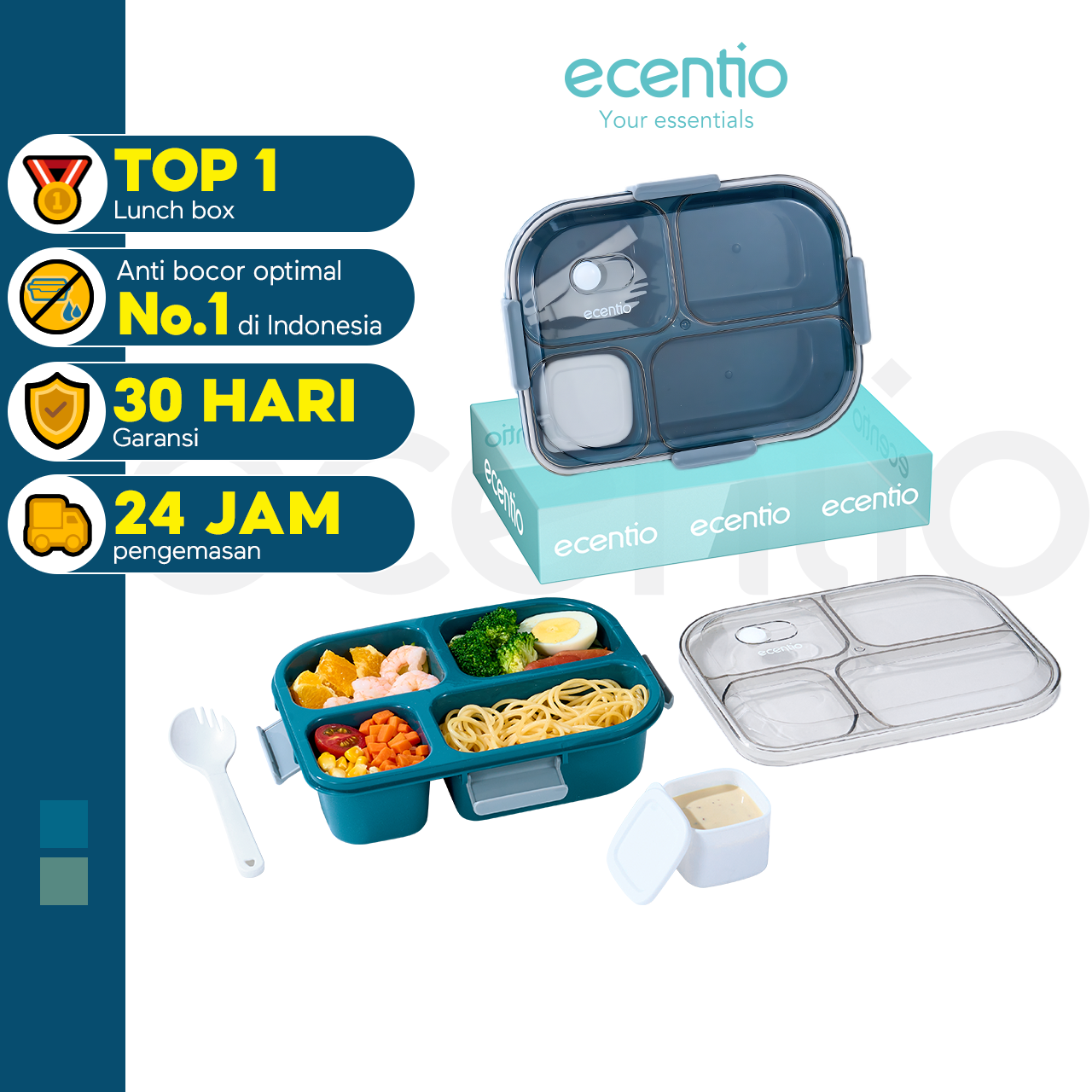 【BPA FREE】ecentio 1100ml 4 Grid kotak makan kotak bekal anti tumpah lunch box anti tumpah free sendok