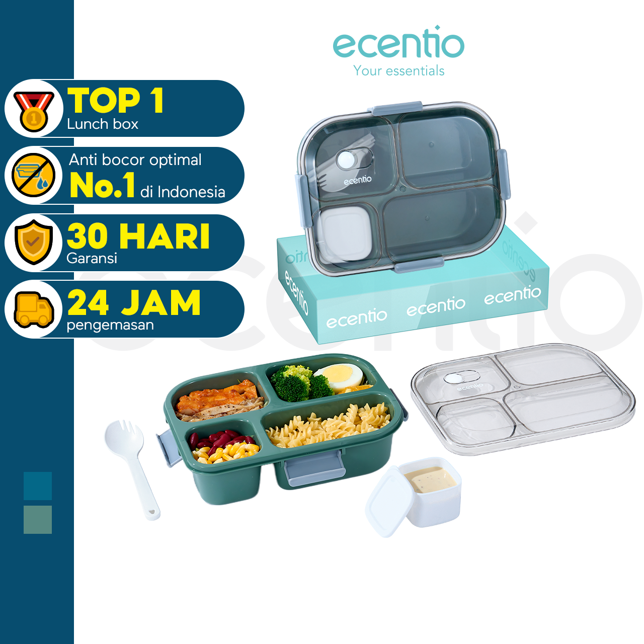 【BPA FREE】ecentio 1100ml 4 Grid kotak makan kotak bekal anti tumpah lunch box anti tumpah free sendok