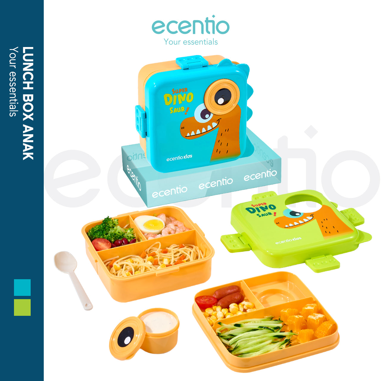 ecantiokids Anti Tumpah kotak makan siang anak kartun dinosaurus 3 sekat, karet silikon dibagian tutup