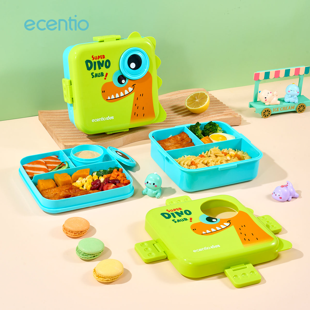 ecantiokids Anti Tumpah kotak makan siang anak kartun dinosaurus 3 sekat, karet silikon dibagian tutup