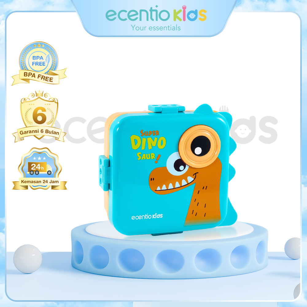 ecantiokids Anti Tumpah kotak makan siang anak kartun dinosaurus 3 sekat, karet silikon dibagian tutup
