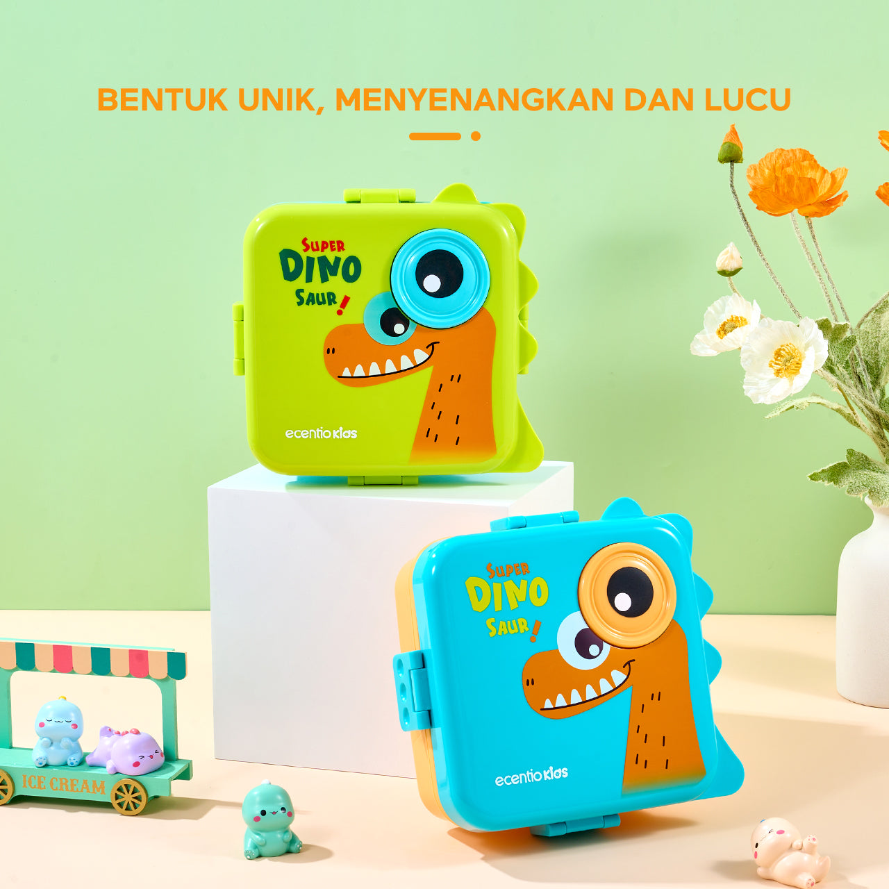 ecantiokids Anti Tumpah kotak makan siang anak kartun dinosaurus 3 sekat, karet silikon dibagian tutup