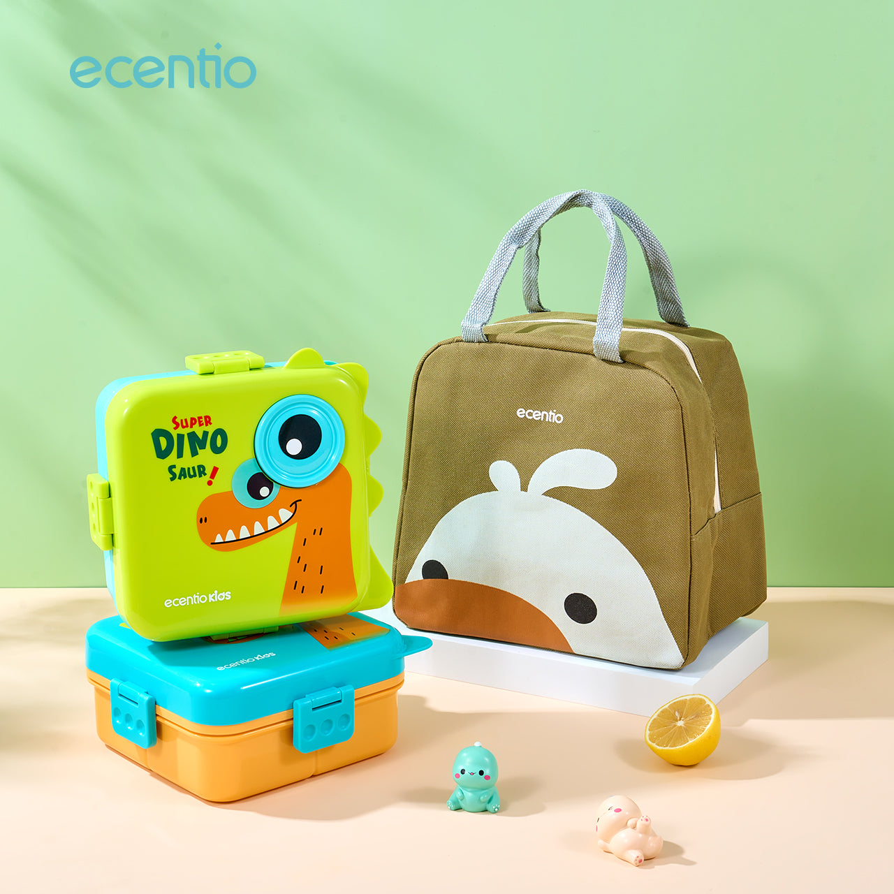 ecantiokids Anti Tumpah kotak makan siang anak kartun dinosaurus 3 sekat, karet silikon dibagian tutup