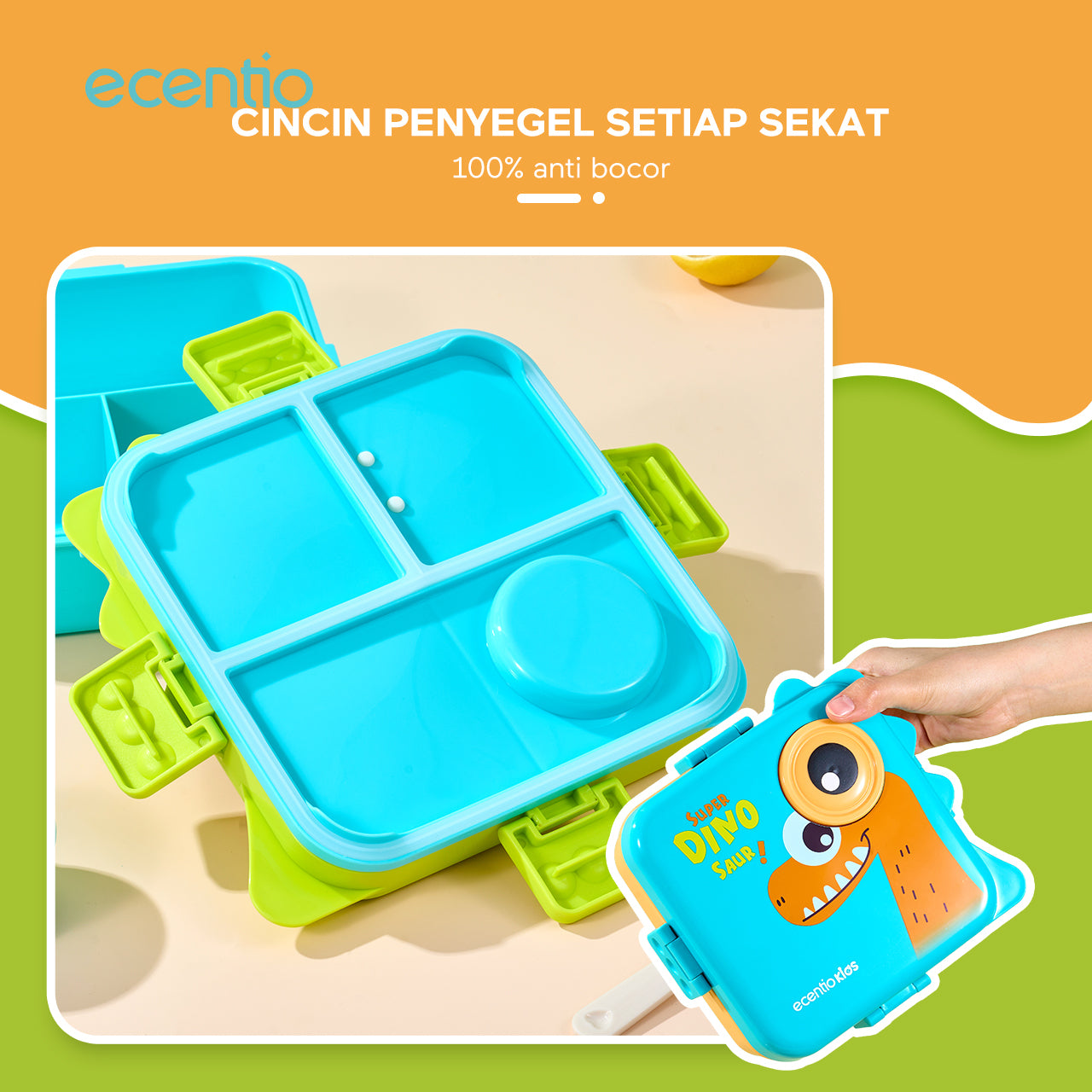 ecantiokids Anti Tumpah kotak makan siang anak kartun dinosaurus 3 sekat, karet silikon dibagian tutup