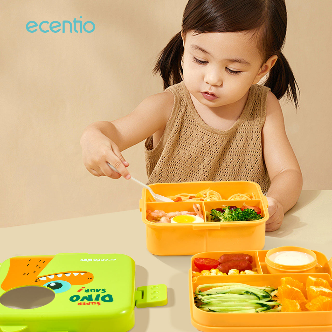 ecantiokids Anti Tumpah kotak makan siang anak kartun dinosaurus 3 sekat, karet silikon dibagian tutup