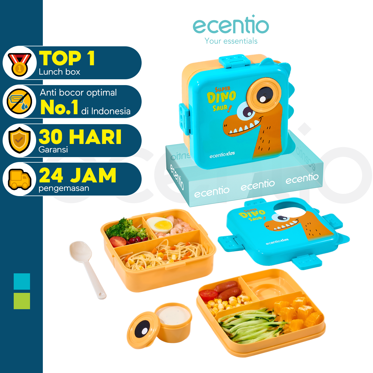 ecantiokids Anti Tumpah kotak makan siang anak kartun dinosaurus 3 sekat, karet silikon dibagian tutup