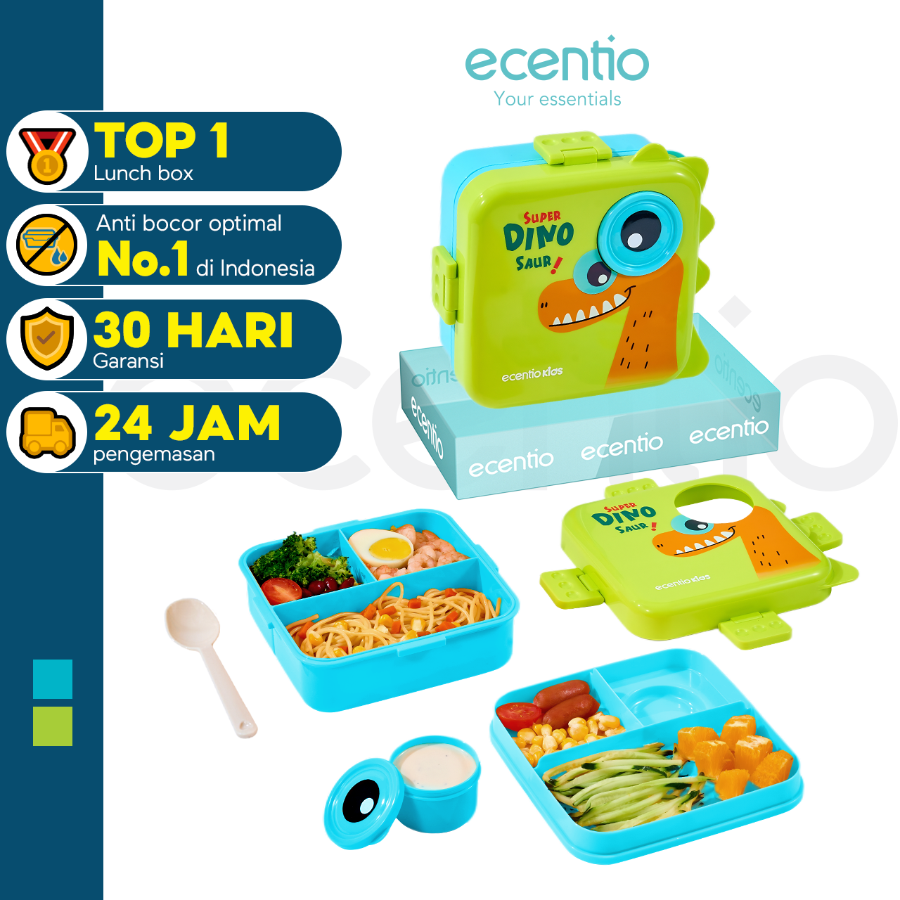 ecantiokids Anti Tumpah kotak makan siang anak kartun dinosaurus 3 sekat, karet silikon dibagian tutup