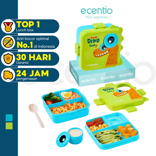 ecantiokids Anti Tumpah kotak makan siang anak kartun dinosaurus 3 sekat, karet silikon dibagian tutup