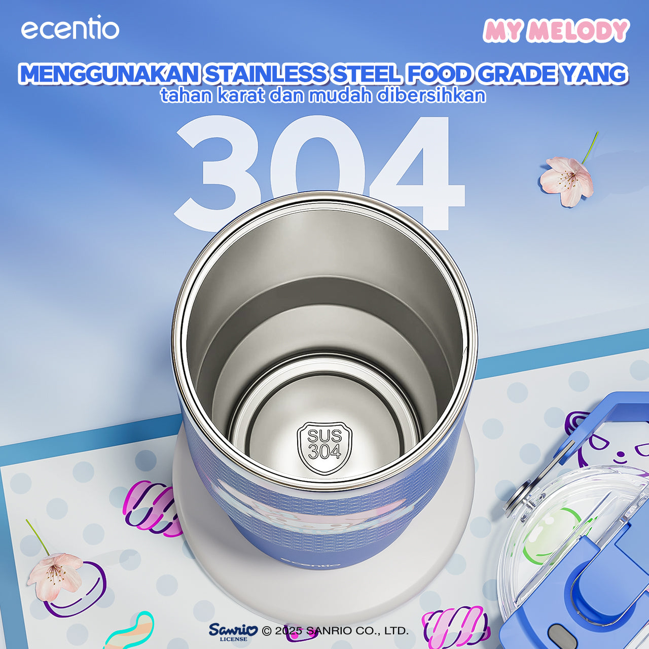 【ORI】ecentio tumbler stainless 900ml Sanrio melody luch aesthetic tahan dingin 24jam botol dengan sedotan