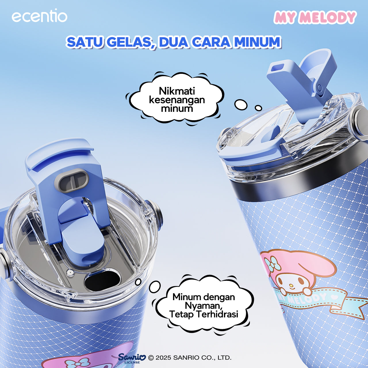【ORI】ecentio tumbler stainless 900ml Sanrio melody luch aesthetic tahan dingin 24jam botol dengan sedotan