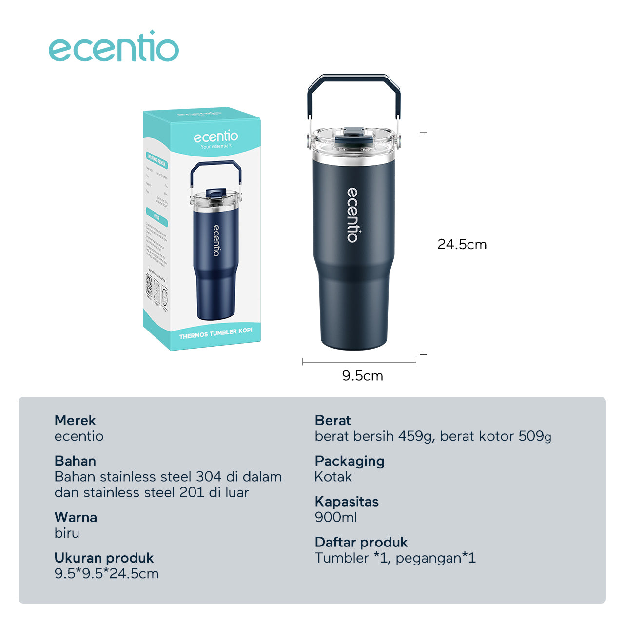 ecentio Tumbler Minum 900ml Stainless Steel | Anti Bocor, Premium & Tahan Panas Dingin