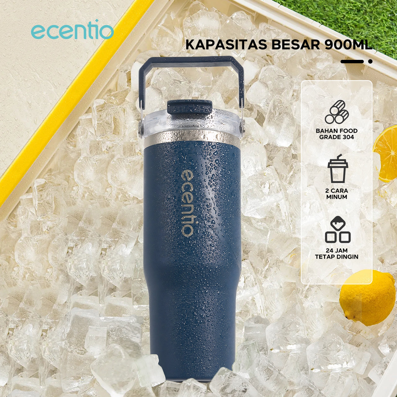 ecentio Tumbler Minum 900ml Stainless Steel | Anti Bocor, Premium & Tahan Panas Dingin