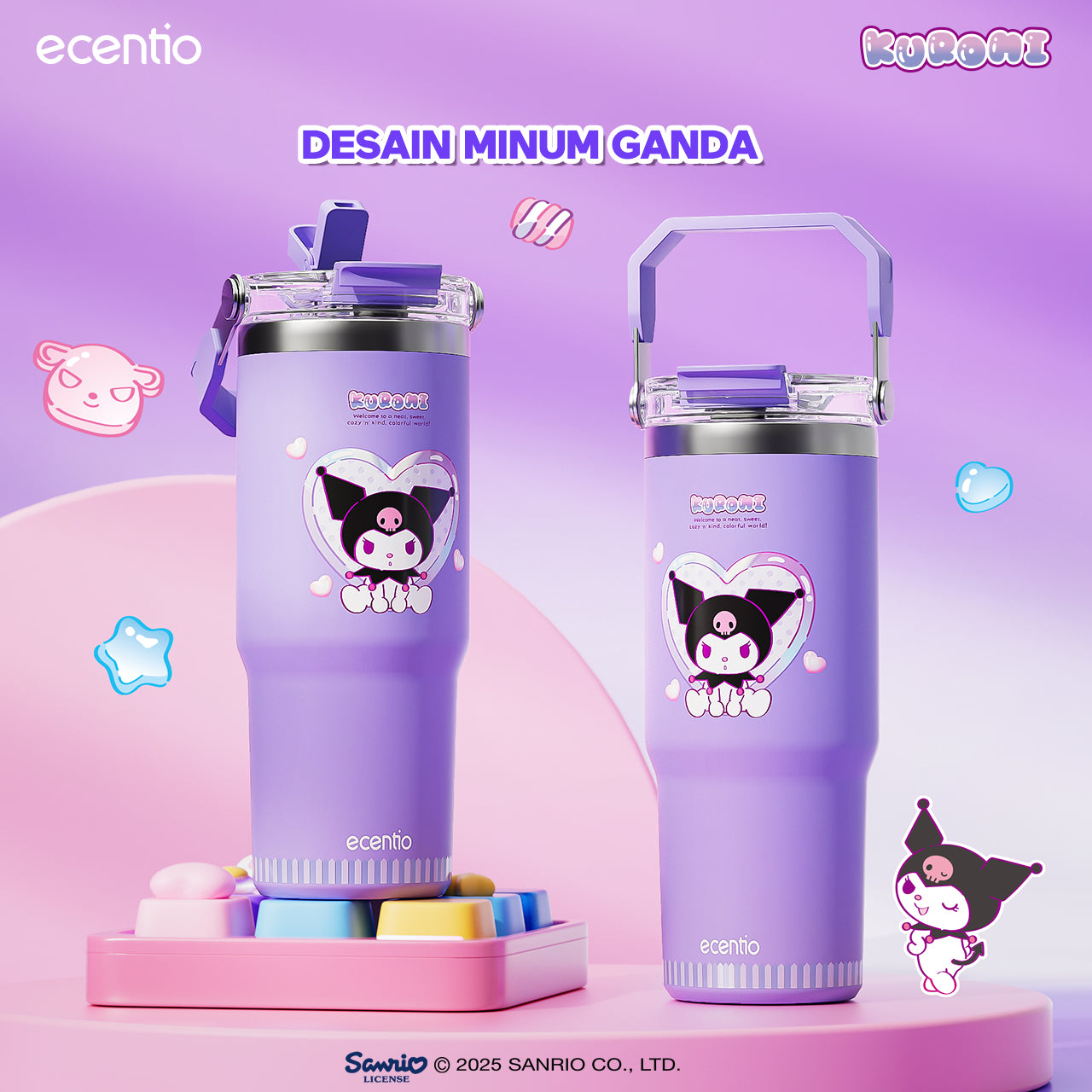 【ORI】ecentio tumbler stainless 900ml Sanrio Kuromi luch aesthetic tahan dingin 24jam botol dengan sedotan