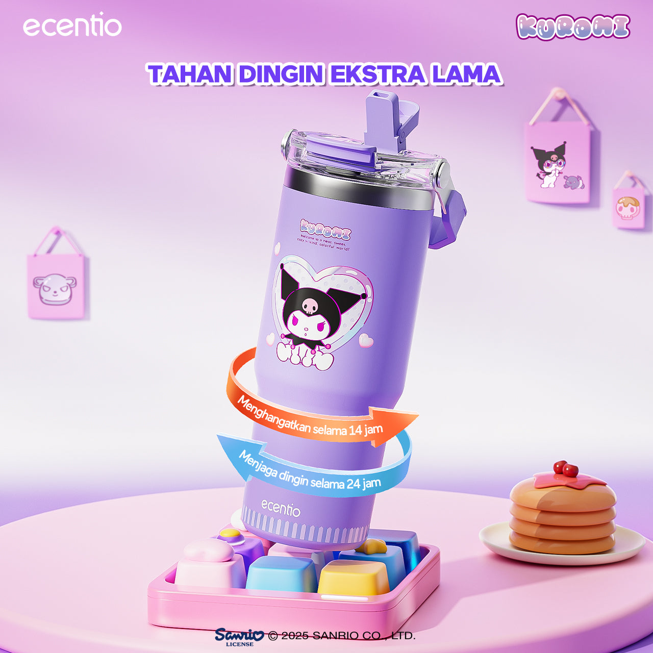 【ORI】ecentio tumbler stainless 900ml Sanrio Kuromi luch aesthetic tahan dingin 24jam botol dengan sedotan
