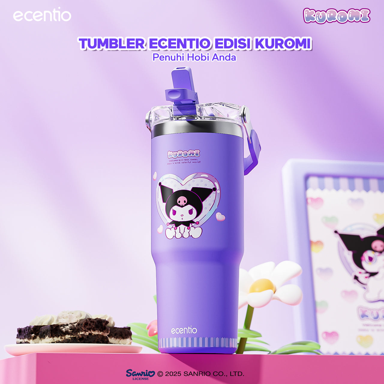 【ORI】ecentio tumbler stainless 900ml Sanrio Kuromi luch aesthetic tahan dingin 24jam botol dengan sedotan