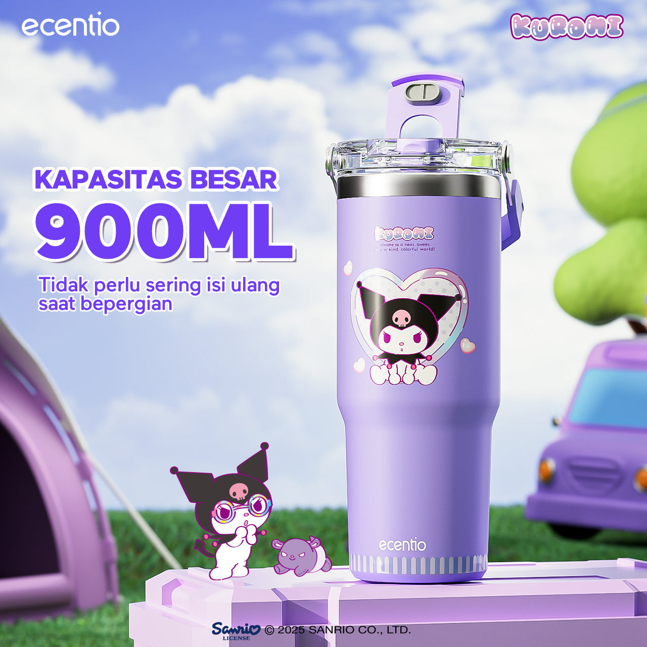 【ORI】ecentio tumbler stainless 900ml Sanrio Kuromi luch aesthetic tahan dingin 24jam botol dengan sedotan