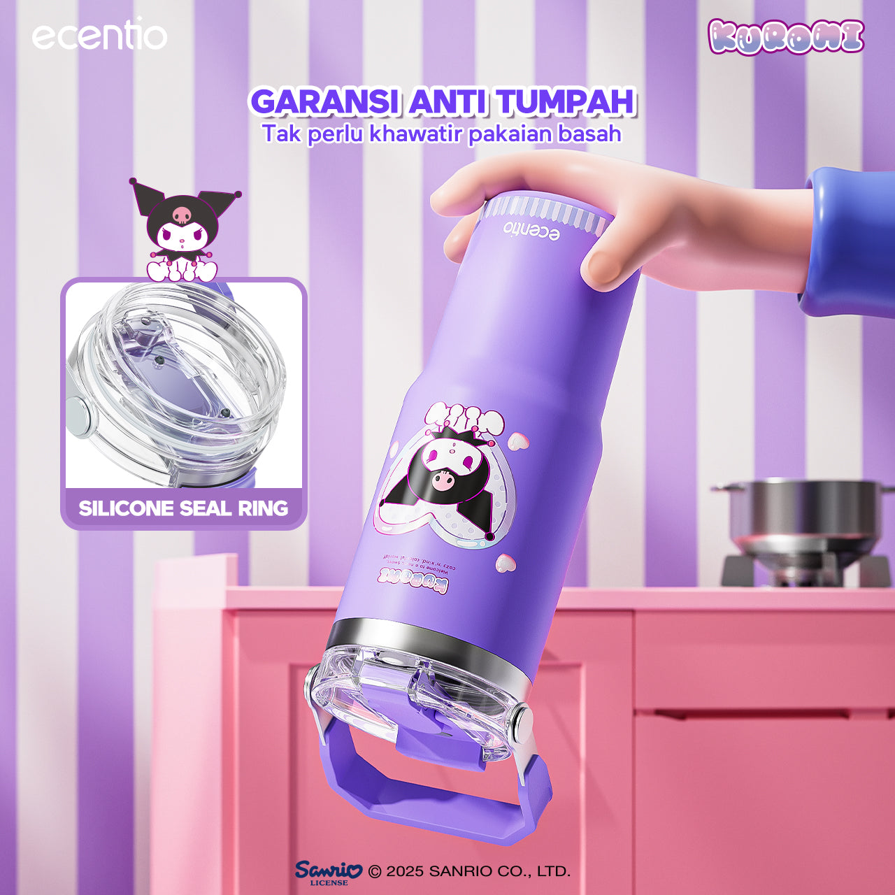 【ORI】ecentio tumbler stainless 900ml Sanrio Kuromi luch aesthetic tahan dingin 24jam botol dengan sedotan