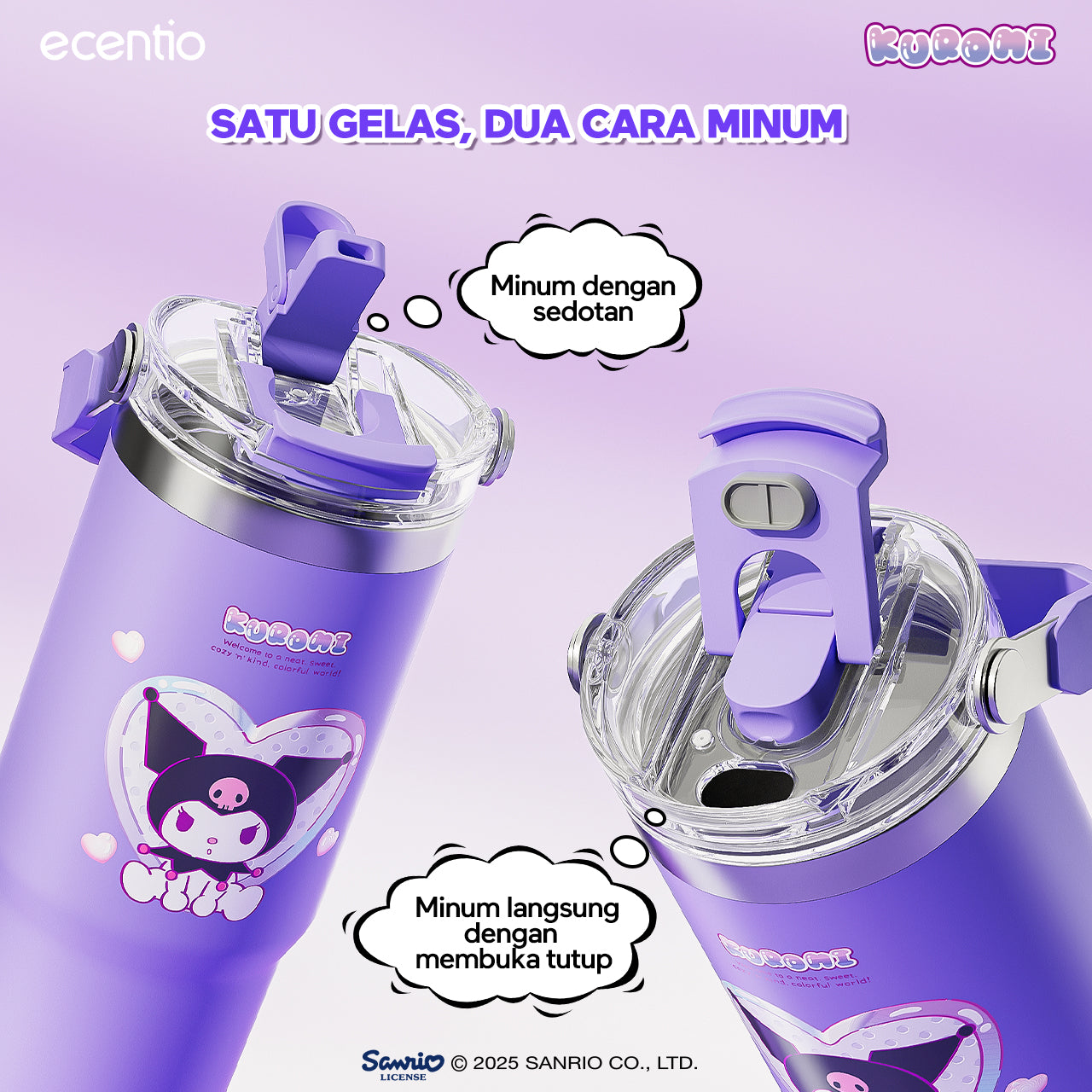 【ORI】ecentio tumbler stainless 900ml Sanrio Kuromi luch aesthetic tahan dingin 24jam botol dengan sedotan