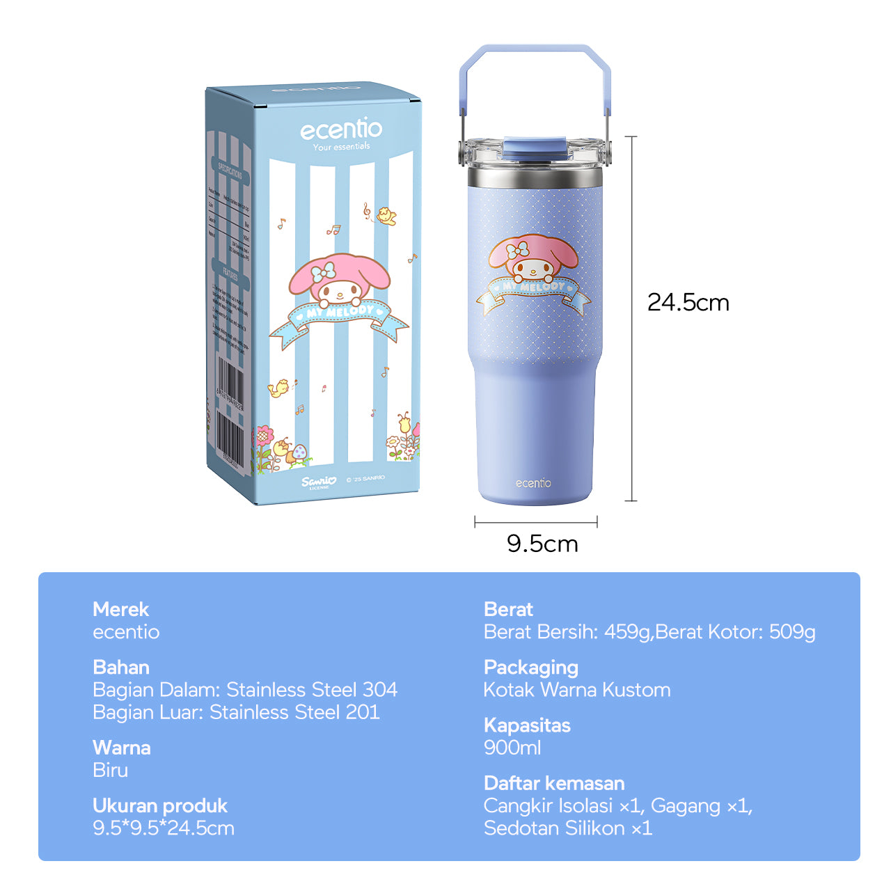 【ORI】ecentio tumbler stainless 900ml Sanrio melody luch aesthetic tahan dingin 24jam botol dengan sedotan