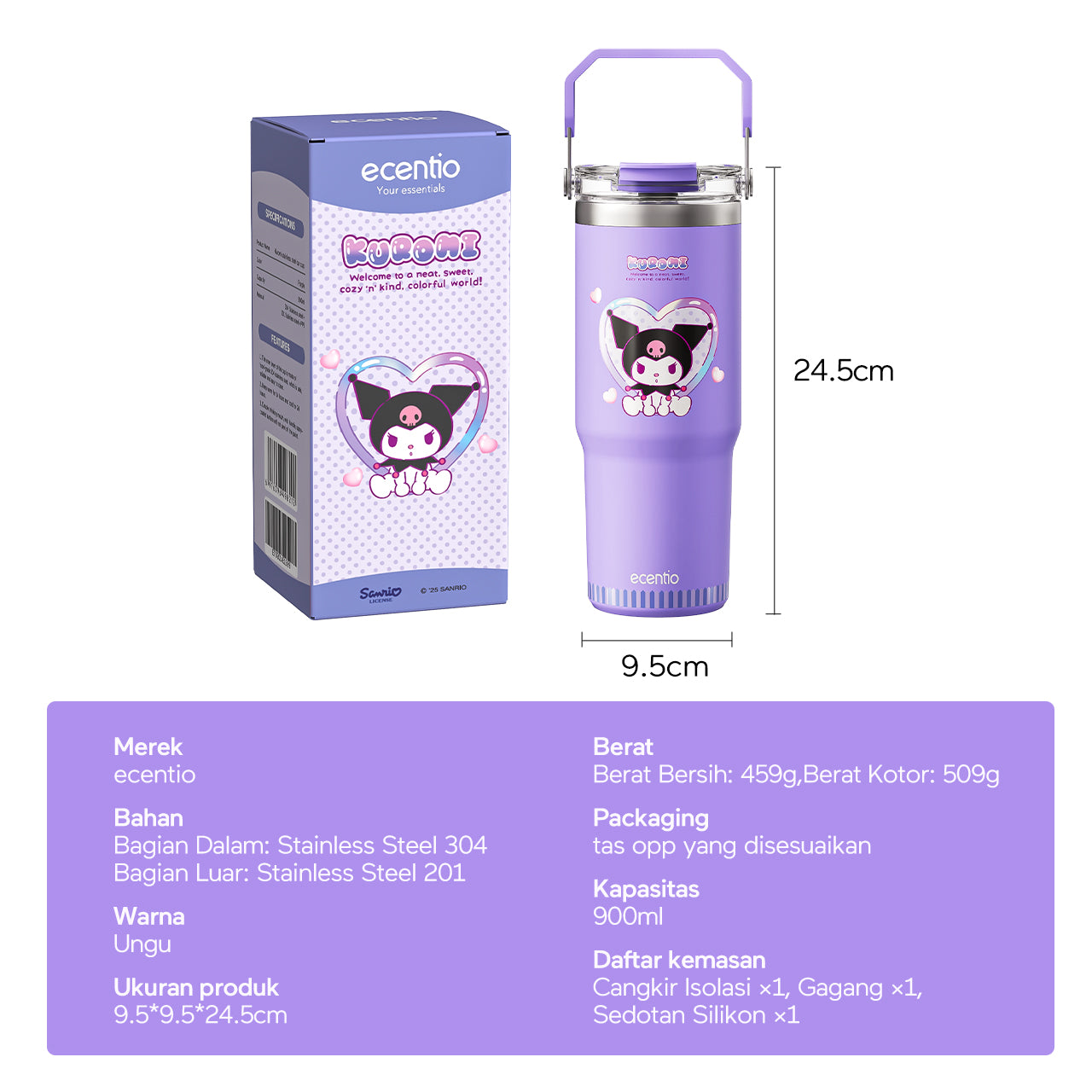 【ORI】ecentio tumbler stainless 900ml Sanrio Kuromi luch aesthetic tahan dingin 24jam botol dengan sedotan