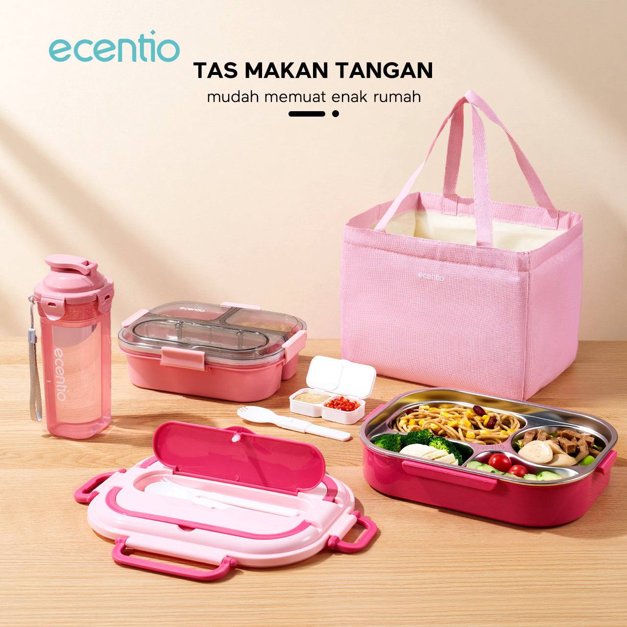 ecentio lunch bag /lunch tas Tas Bekal Makanan Merah Muda/Tote bag Waterproof ukuran besar