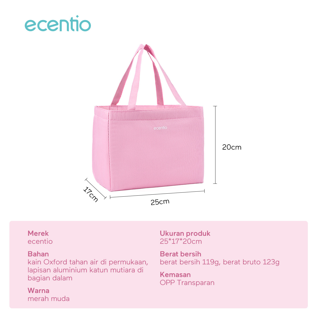 ecentio lunch bag /lunch tas Tas Bekal Makanan Merah Muda/Tote bag Waterproof ukuran besar